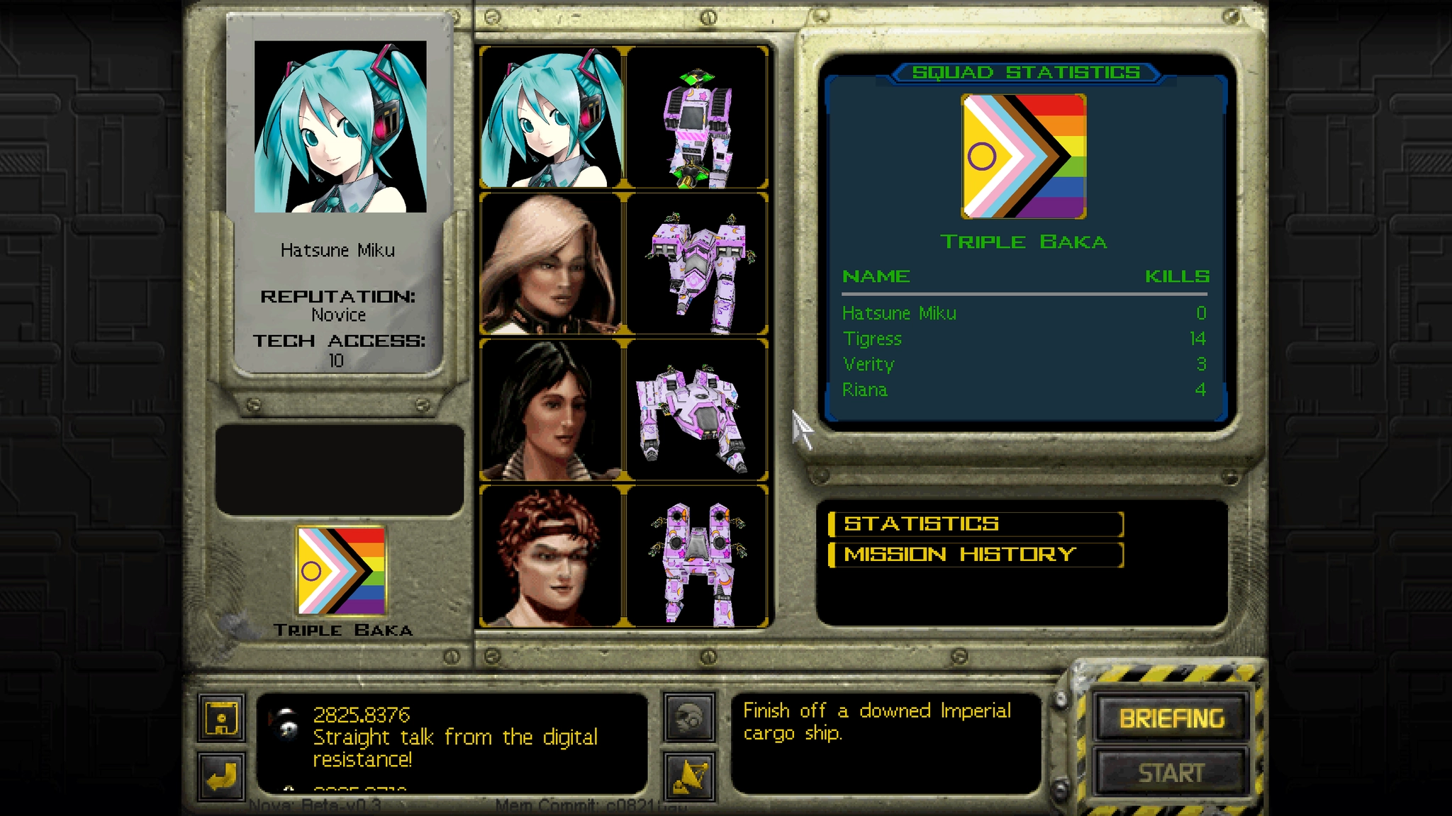 hatsune miku as the leader of a squad of mechs in a 90s mech video game on the loadout screen