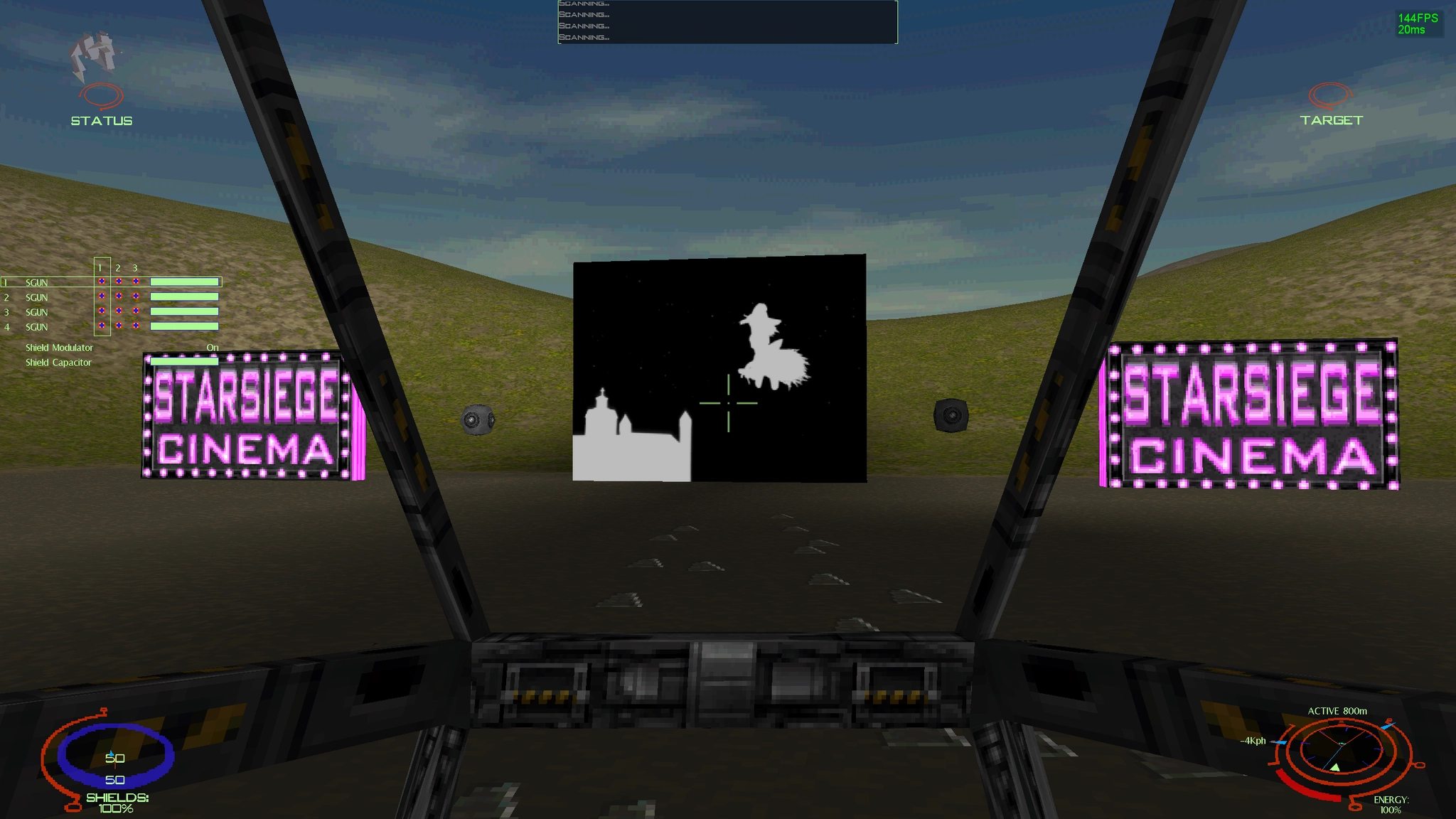 a large bad apple billboard inside of a 90s mech video game, but from the perspective of the mech. 