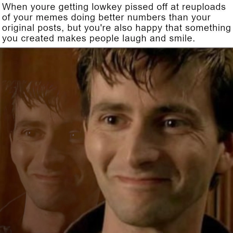 a picture of david tennant internally screaming captioned  "When youre getting lowkey pissed off at reuploads of your memes doing better numbers than your original posts, but you're also happy that something you created makes people laugh and smile."