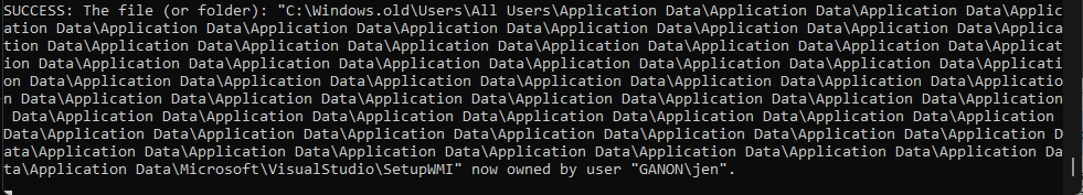 windows cmd takeown of a folder showing several dozen recursive application data folders 