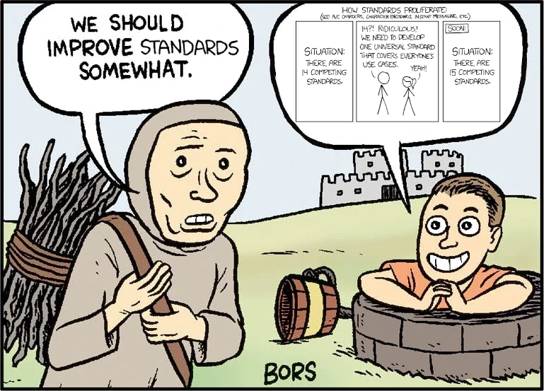 the "we should improve society somewhat" comic by bors but it has been edited to say "we should improve standards somewhat" and tht asshole is saying the competing stands XKCD