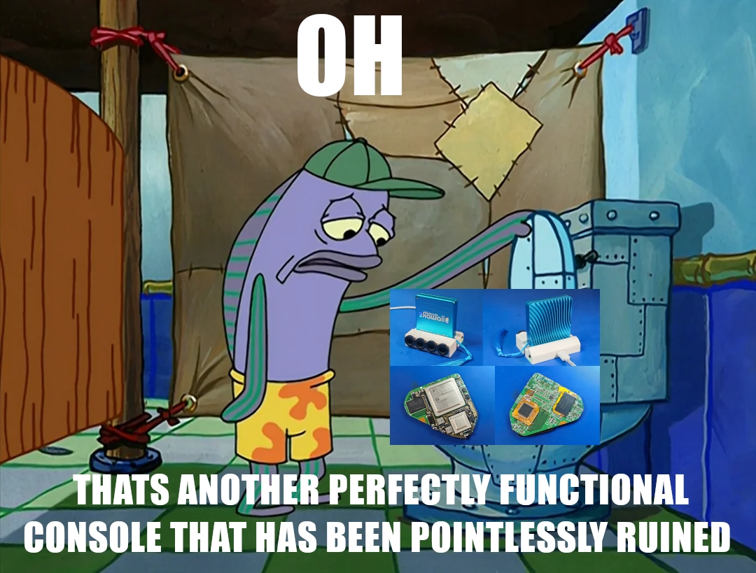spongebob fish looking in the toilet and sees the new wii kawaii featuring a trimmed wii motherboard effectively ruining the console in the endless quest to shrink it pointlessly